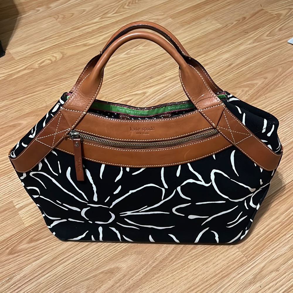 Kate Spade Black and White Floral Leather Handle Satchel Handbag
